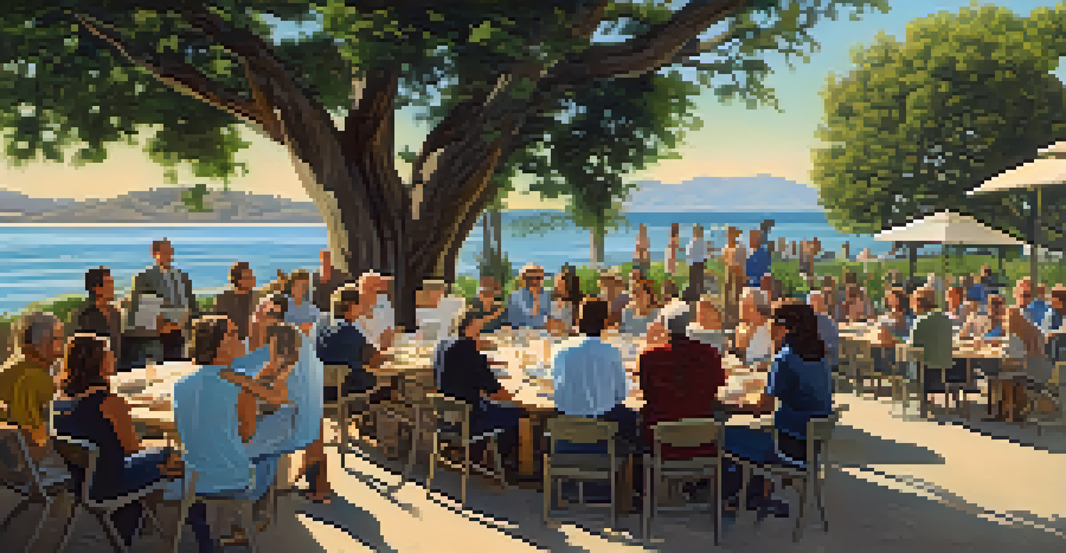 Residents of Malibu engaged in a community meeting about historical site preservation, set against a backdrop of Malibu Lagoon.