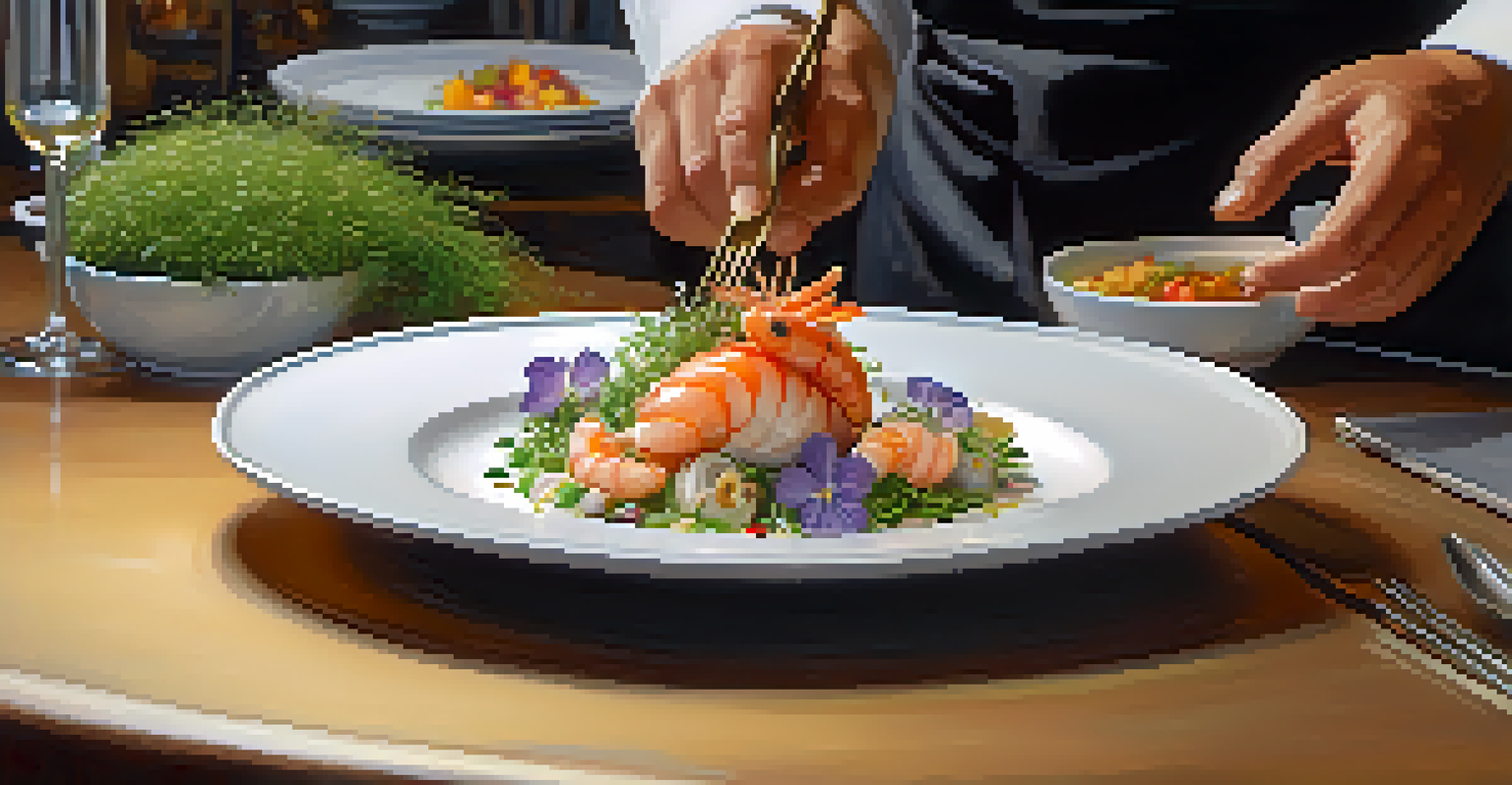 A chef plating a seafood dish in a well-lit kitchen, highlighting the artistic presentation.