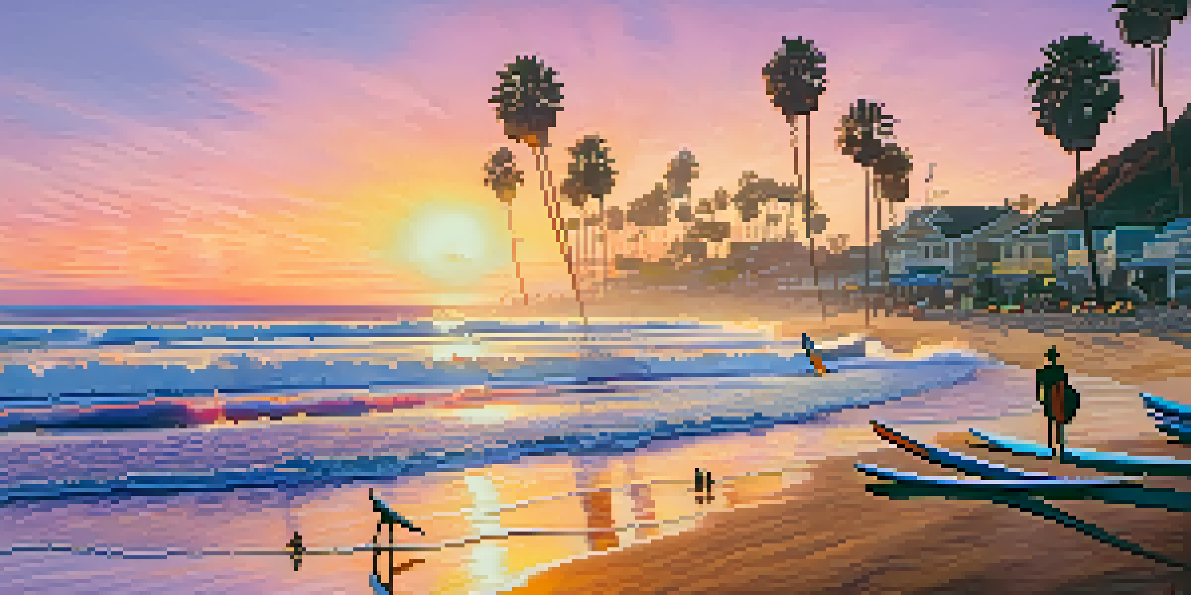 A beautiful sunrise at Surfrider Beach in Malibu with surfers paddling out on colorful boards, golden waves, and a sandy beach lined with umbrellas.