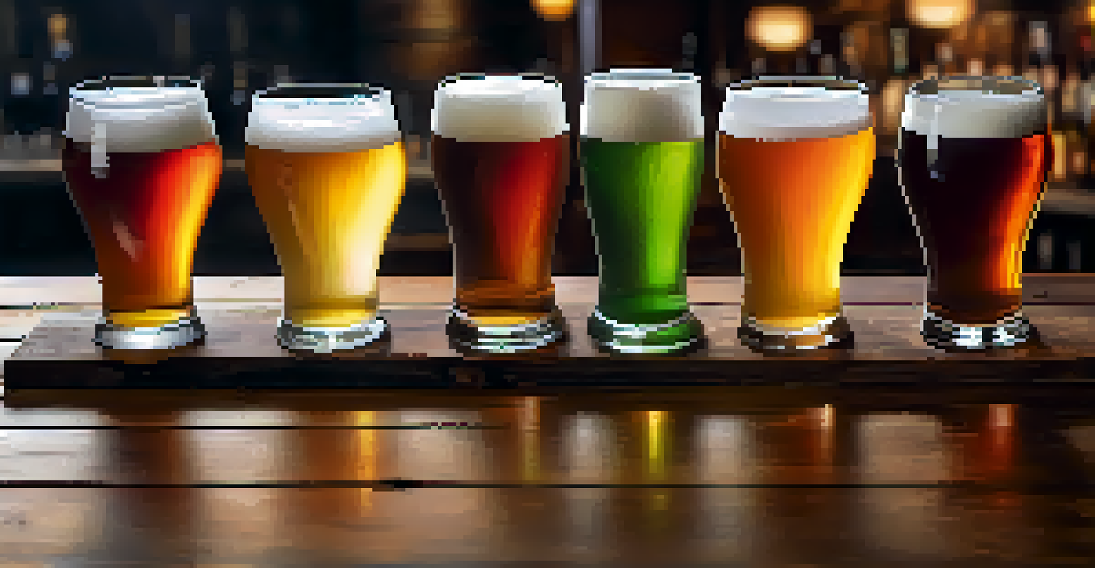 A close-up view of a flight of craft beers on a wooden bar, with different colors and textures of beer.