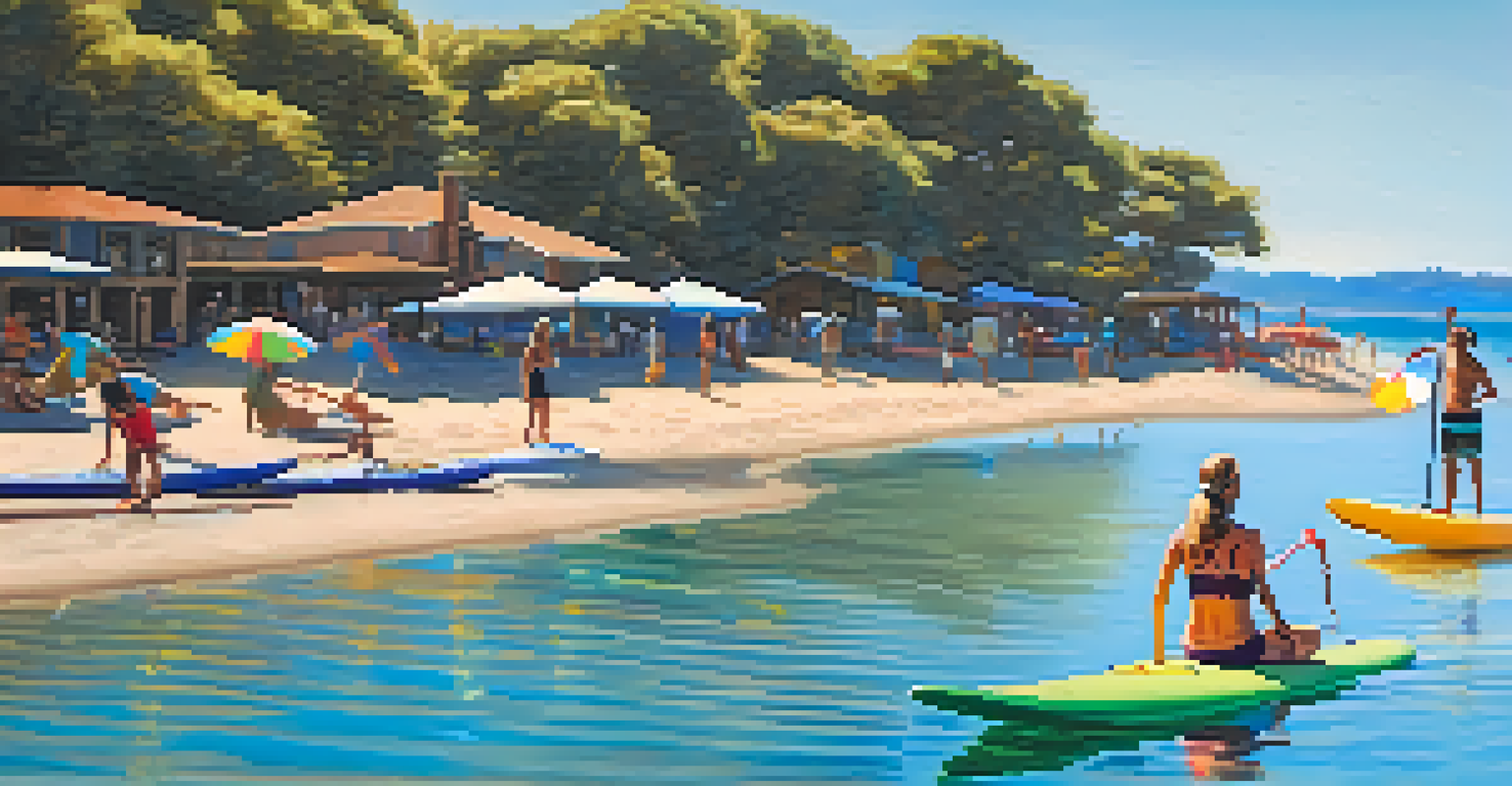 Paddleboarder doing yoga on a board in Malibu Lagoon, with a colorful beach scene in the background.