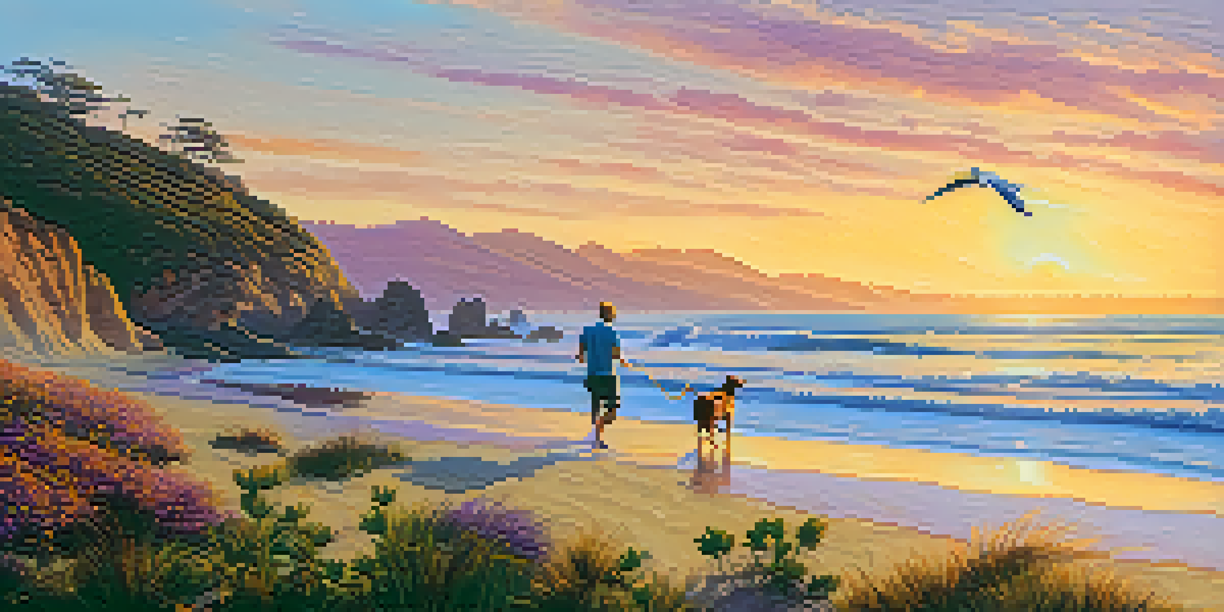 A dog playing fetch with its owner on a Malibu beach during sunset, with colorful skies and gentle waves.