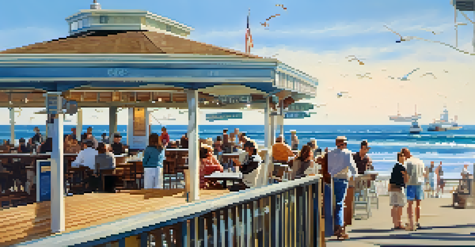 Visitors enjoying a sunny day at the Malibu Pier, with fishing activities and outdoor dining at a restaurant.