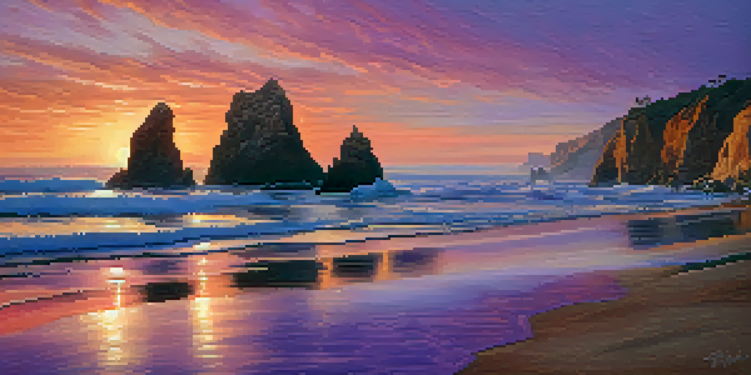 A sunset view of El Matador State Beach with colorful sky and rock formations.