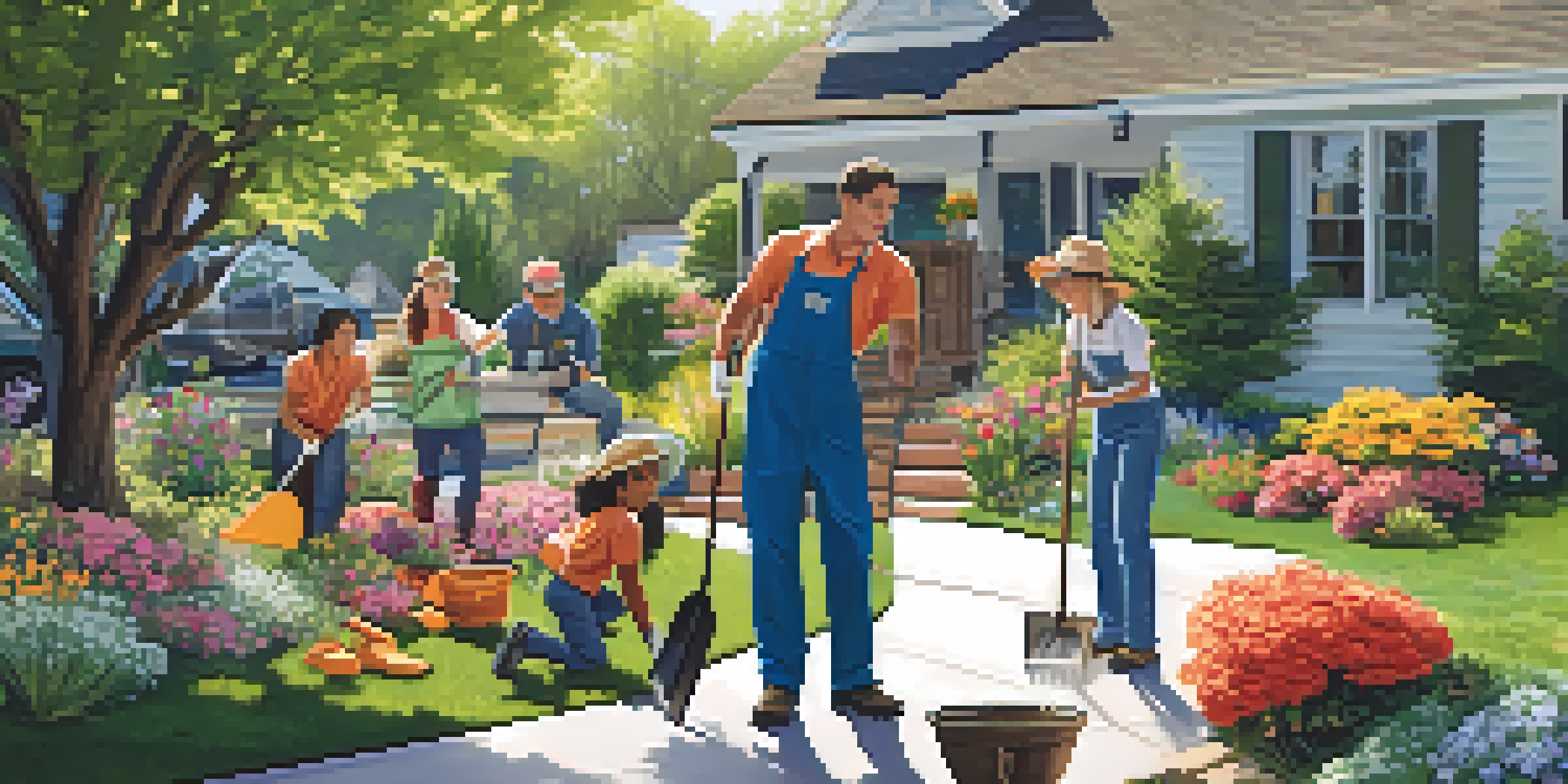 A diverse family working together in their backyard, cleaning up and discussing fire-resistant landscaping techniques under a sunny sky.