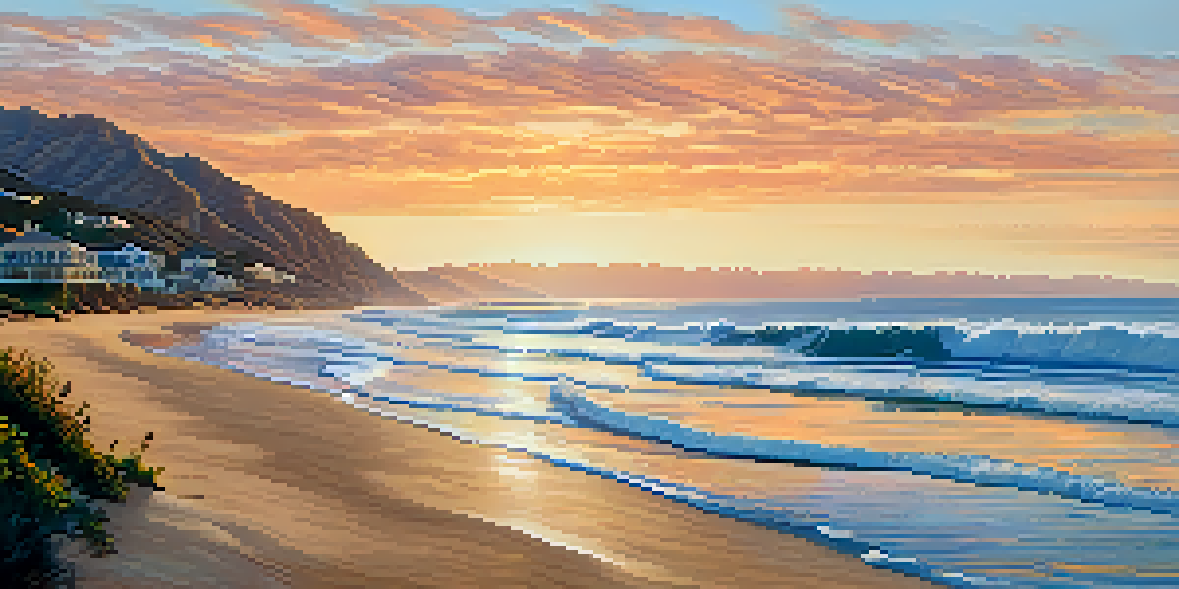 A scenic view of Malibu's coastline at sunset with vibrant skies and gentle waves on the beach.
