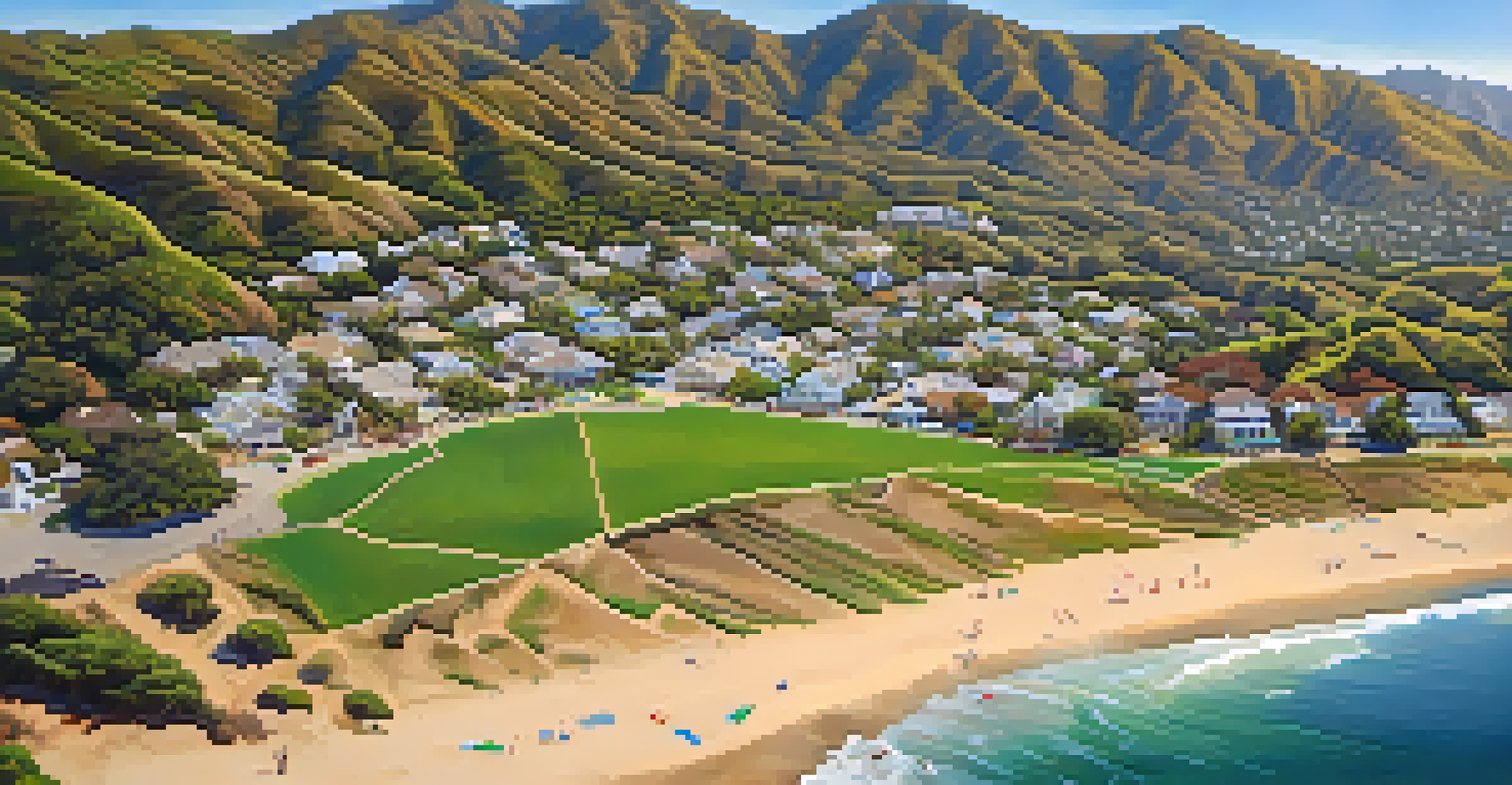 An aerial view of Malibu highlighting its coastline and mountains, with volunteers engaged in environmental efforts.