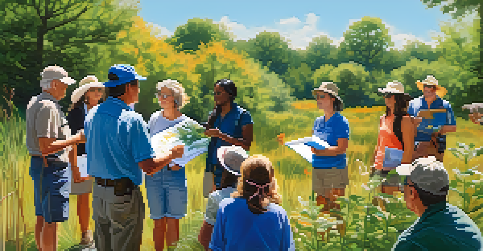 A diverse group of people participating in an educational nature walk, listening to a guide surrounded by native plants under a clear blue sky.