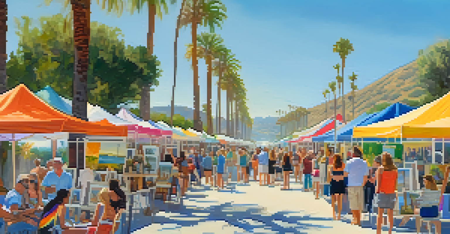A vibrant outdoor art walk in Malibu, featuring artists and visitors enjoying the atmosphere along a palm-lined pathway.