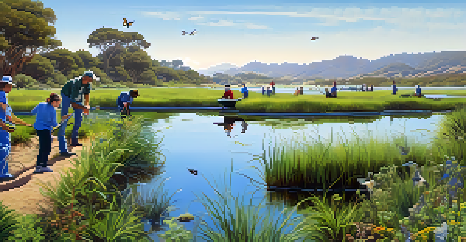 A restoration project in Malibu's wetlands, showing volunteers planting native vegetation amidst vibrant nature.