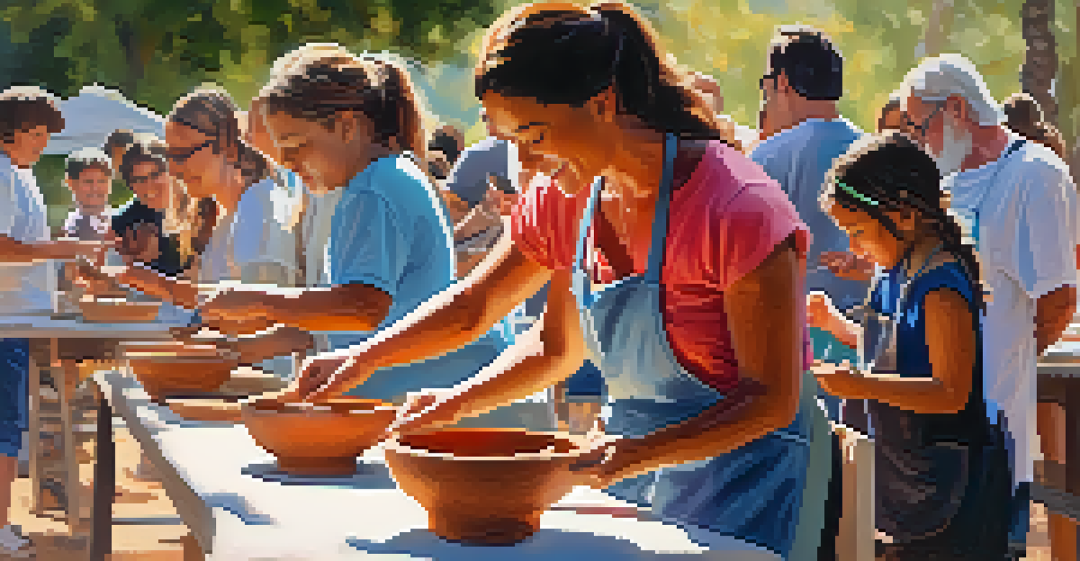 A pottery workshop at a Malibu festival with participants of different ages creating art under the guidance of a local artist, surrounded by nature.