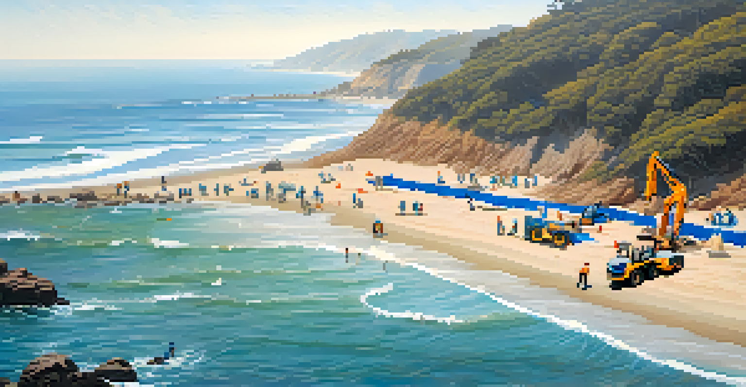 An aerial view of a beach restoration project in Malibu, showing workers installing barriers and replenishing sand.
