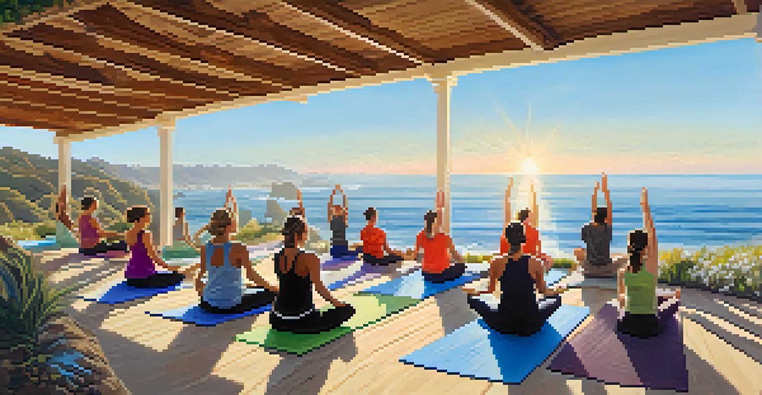 An outdoor yoga class on a cliff in Malibu with participants of all ages, overlooking the ocean under a bright blue sky.
