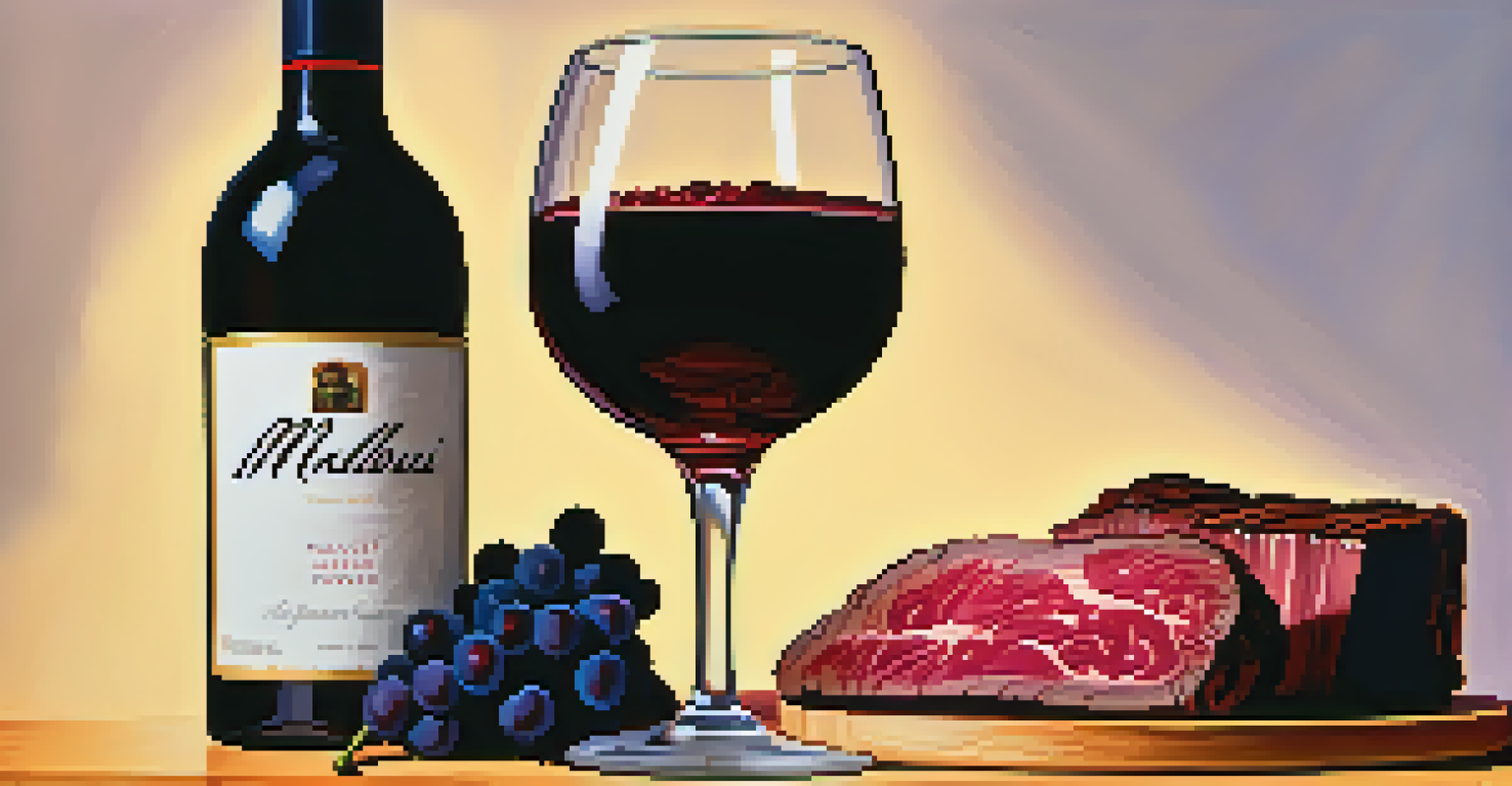 A glass of red wine with a grilled steak and grapes in the background.