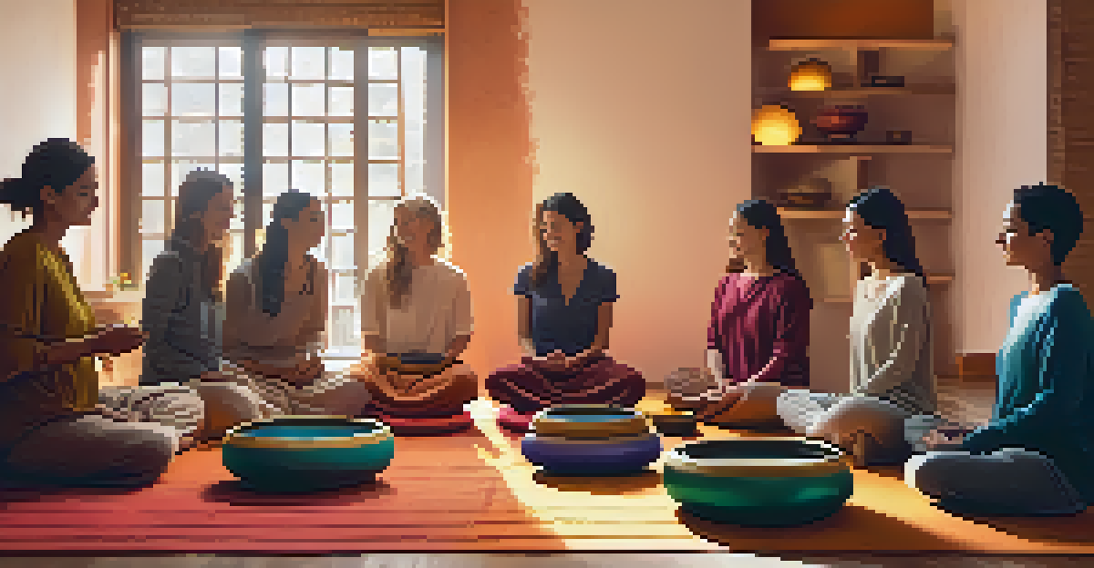 Participants in a sound therapy session, surrounded by colorful singing bowls in a cozy room.