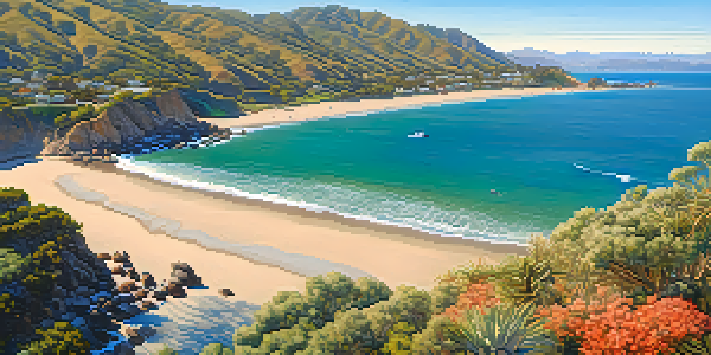 Aerial view of Malibu's coastline with coral reefs and marine life, clear blue waters, sandy beaches, and green hills under a sunny sky.