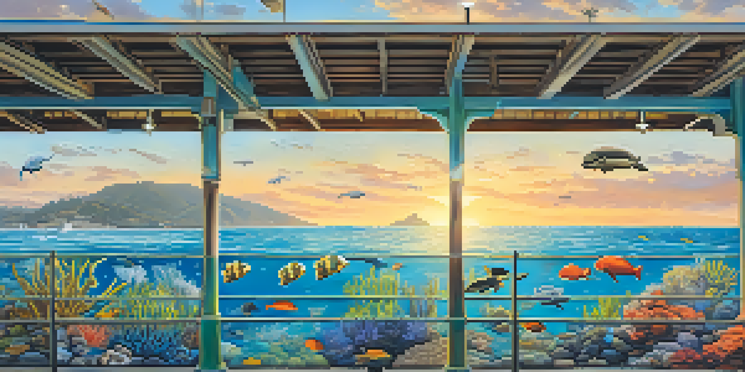 A colorful mural on the Malibu Pier showcasing marine life, with beachgoers enjoying the view and sunlight reflecting off the ocean.