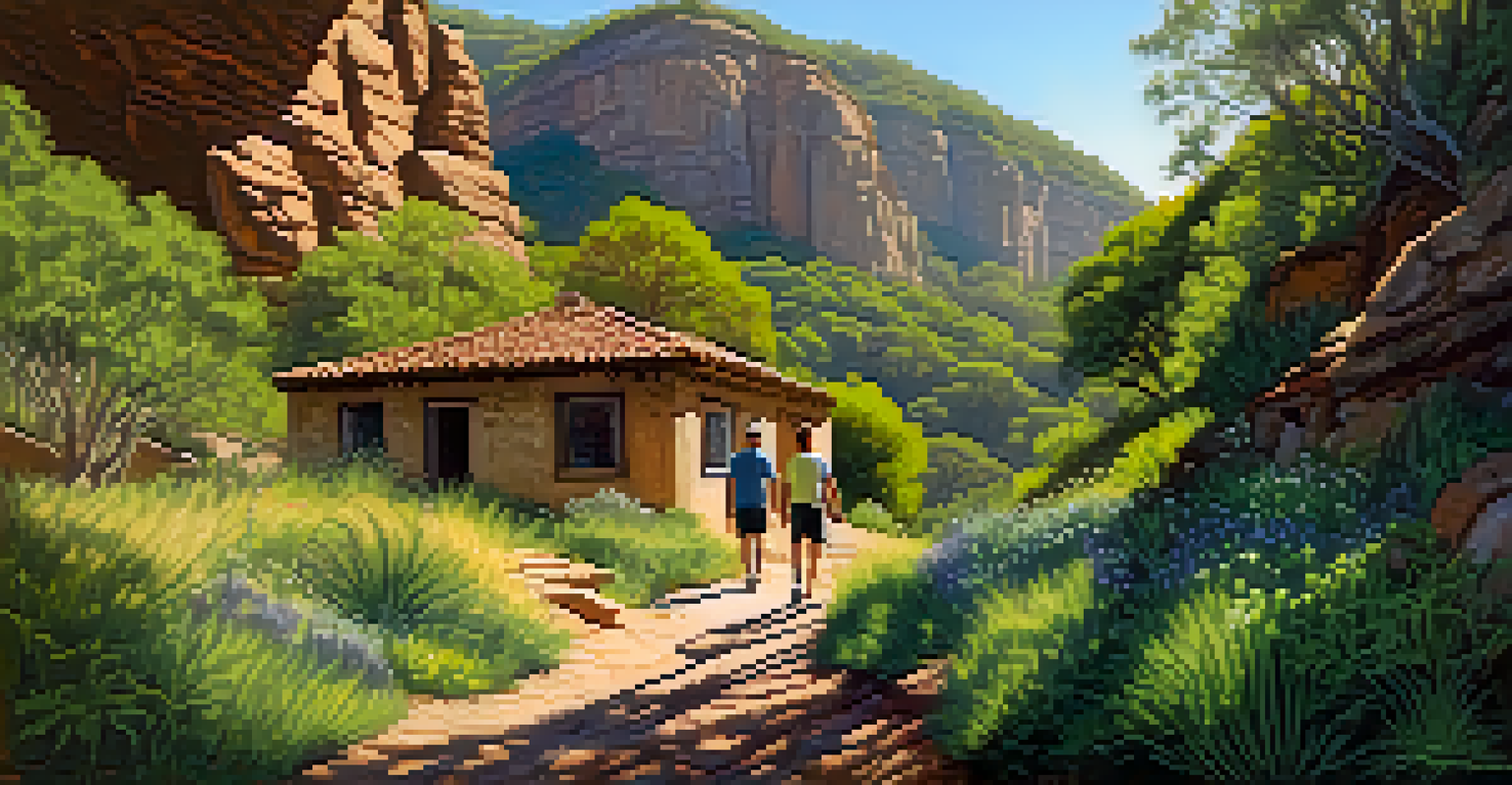 Hikers on Solstice Canyon Trail with lush greenery and a waterfall in the background.