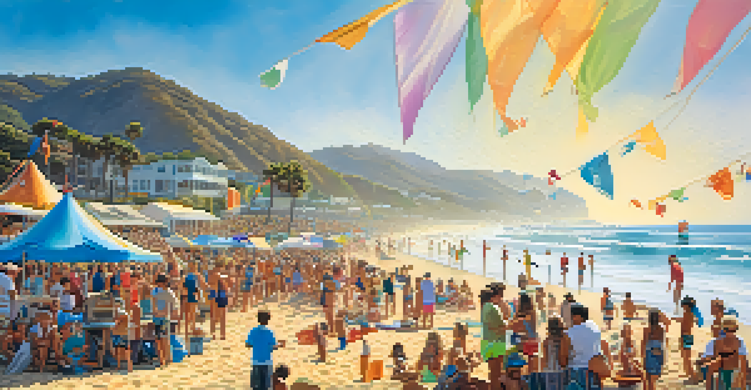A lively Malibu Surf Festival with a crowd enjoying music, art displays, and children playing on the beach, with surfers in the background.