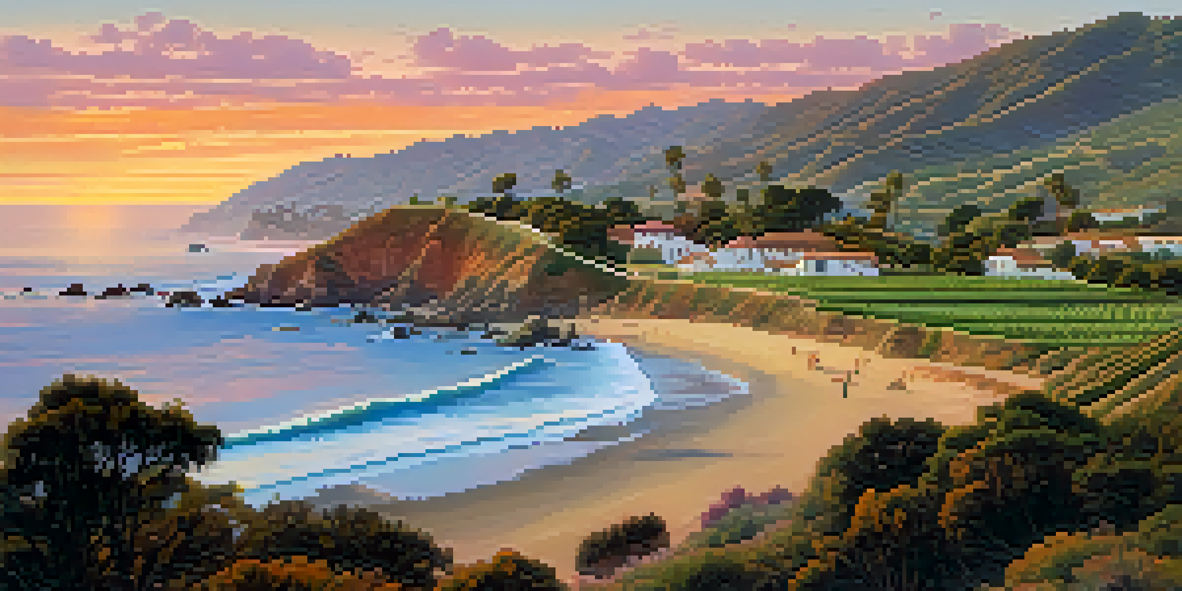 A historical coastal scene of Malibu depicting a Spanish mission with vibrant sunset colors and Indigenous people fishing.