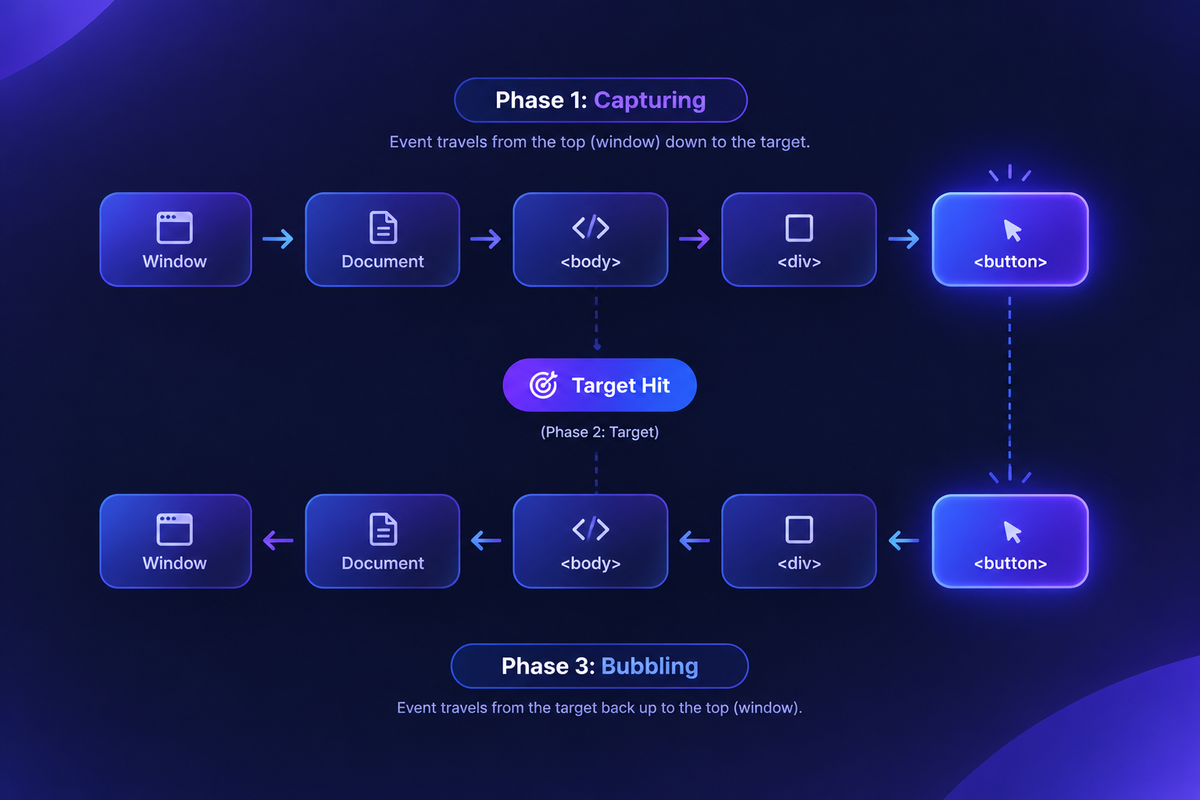 Figure 1. JavaScript Event Propagation – Capturing, Target, and Bubbling Phases