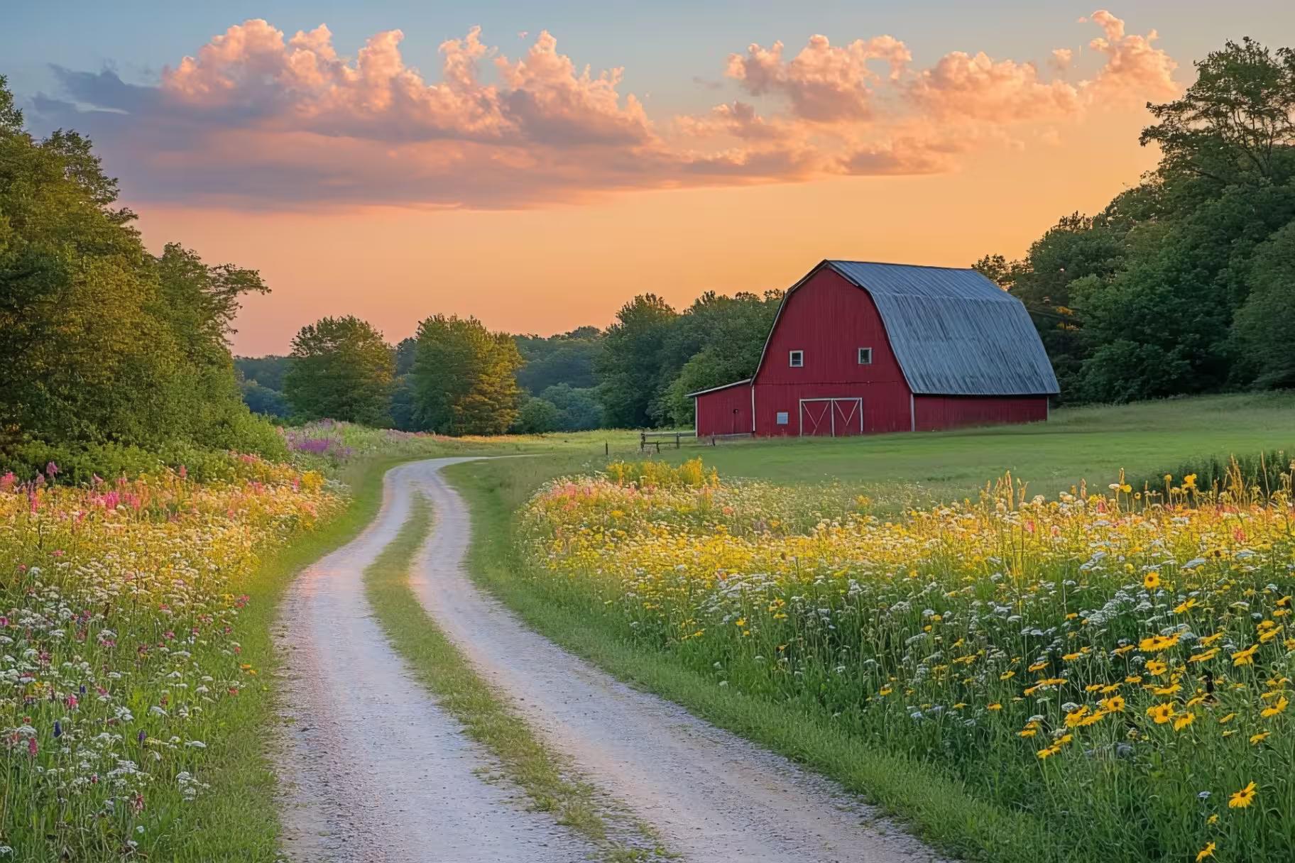 Country road through wildflowers leading to a red barn at sunset