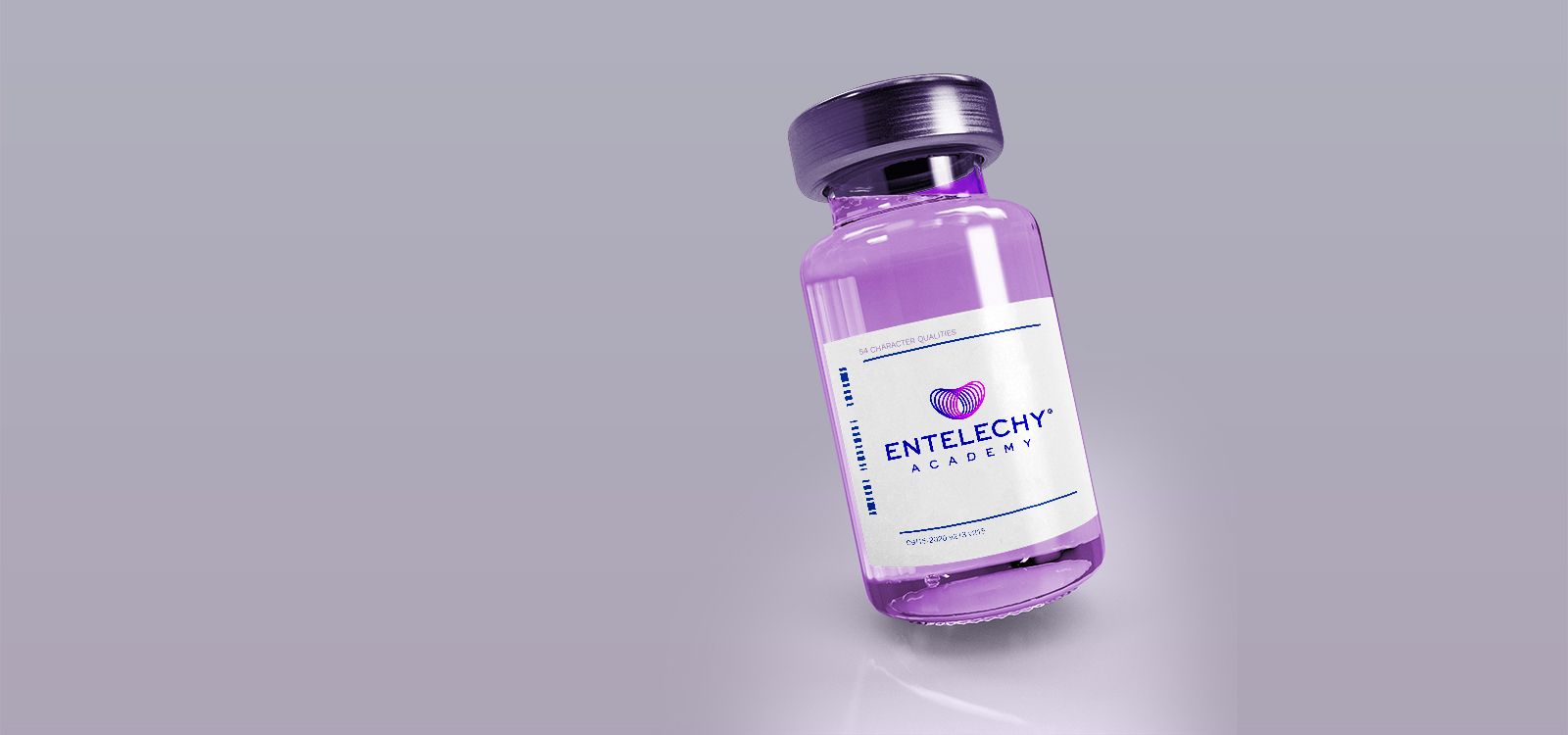 Purple pill bottle with Entelechy Academy logo on the label