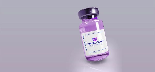 Purple pill bottle with Entelechy Academy logo on the label