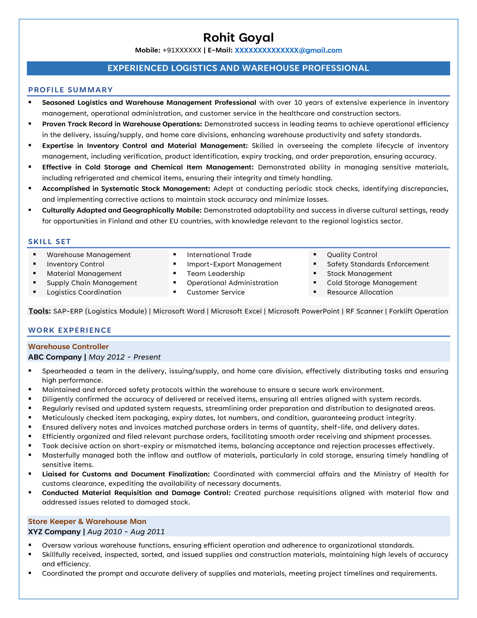 Store Keeper Resume (Format and Sample)