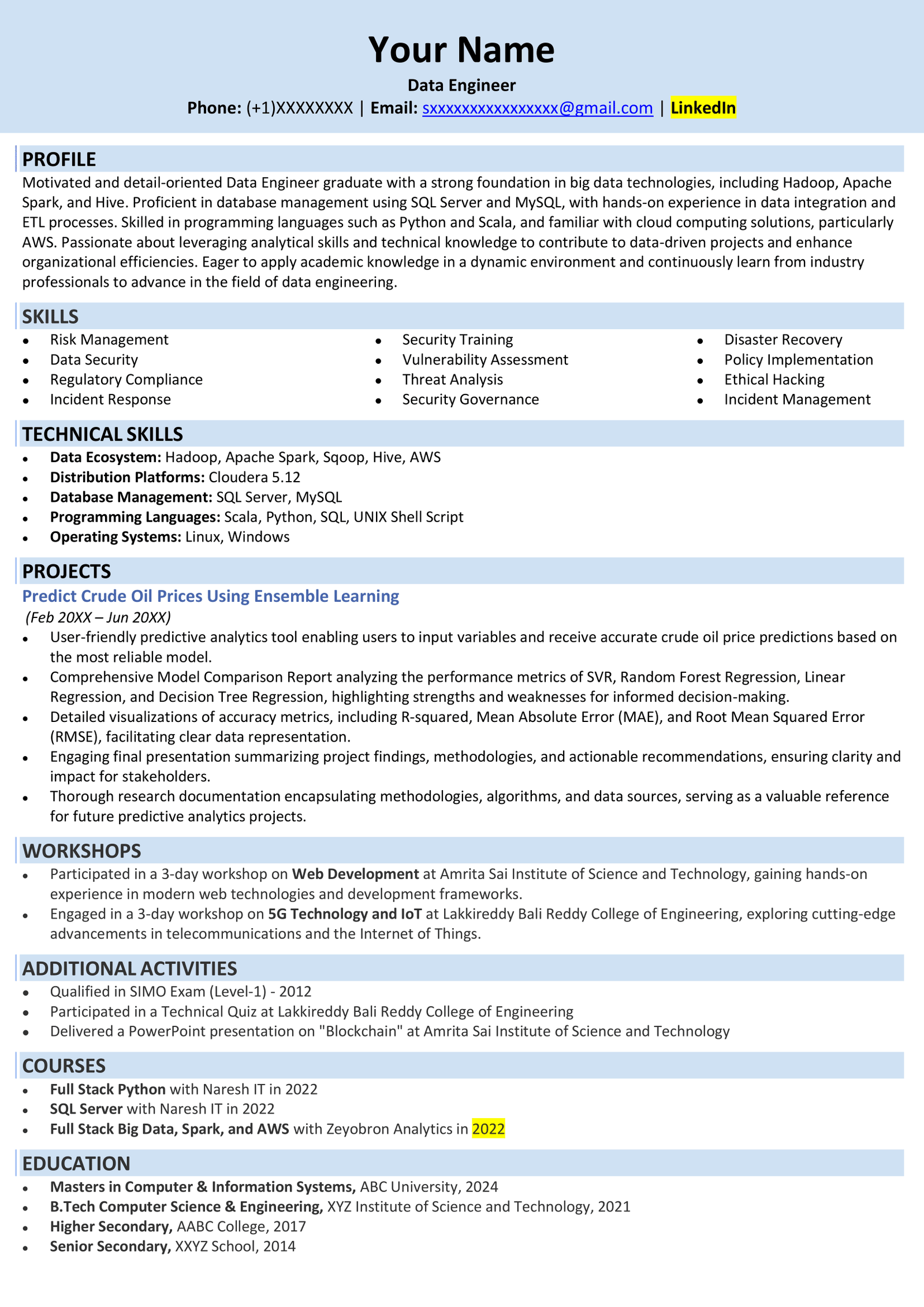 Data Engineer Resume Sample and Format
