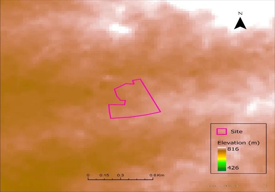DEM map with pink site boundary, elevation 426m to 816m