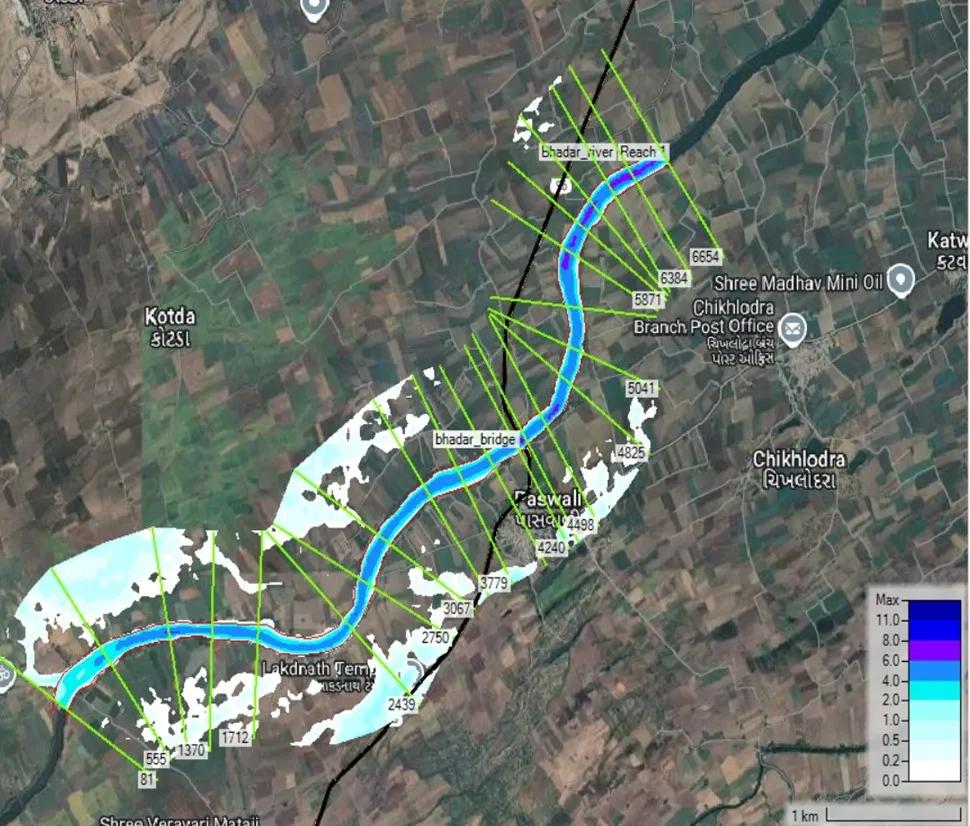 Flood inundation/hydraulic modelling map on satellite showing Bhadar River flood extent with depth colour scale