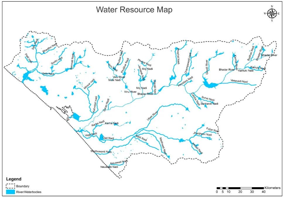 Water resource and drainage network map prepared during catchment and watershed delineation study.