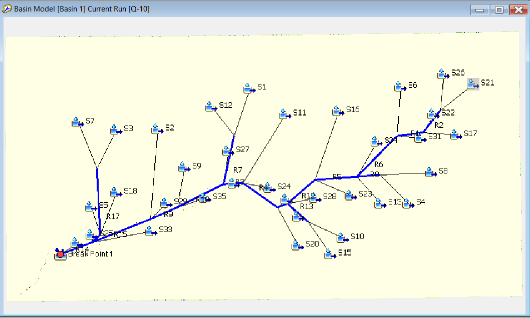 HEC-HMS basin model prepared for watershed delineation and peak runoff estimation during hydrological study.