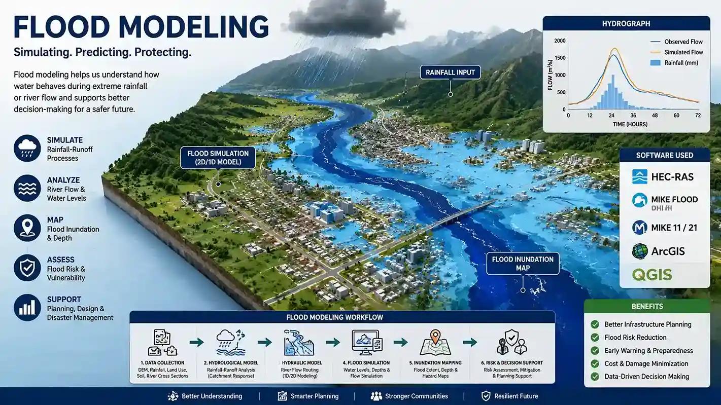 3D flood simulation by a professional flood modeller showing river water overflowing