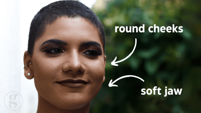 This image captures a close-up of a person with smooth skin, round cheeks, and a soft jawline. Labels are added to point out these facial features, drawing attention to their prominence. The background is softly blurred with greenery, ensuring the subject remains the focal point. The person’s confident expression and bold makeup enhance the overall impact.