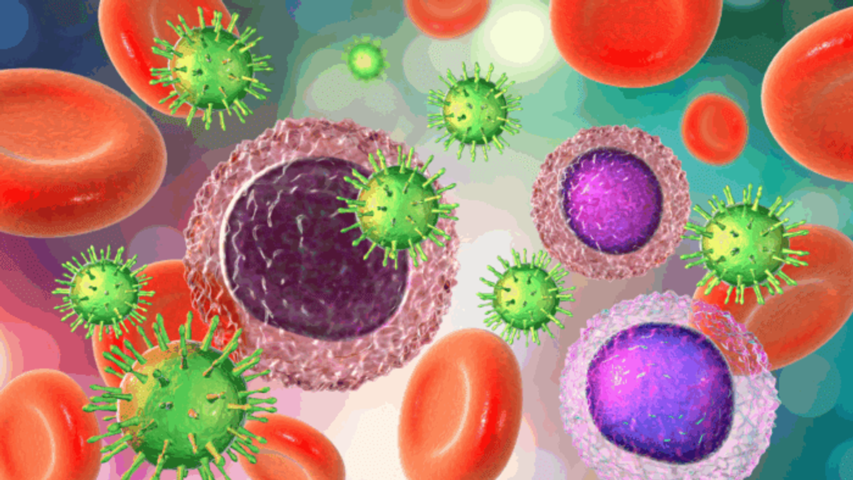 A detailed 3D medical illustration showing immune cells surrounded by red blood cells and green viruses, representing the body’s immune response and cellular defense mechanisms.