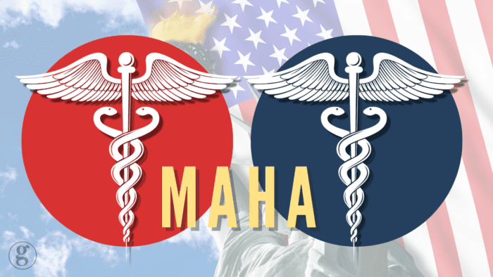 Two medical caduceus symbols placed on red and blue circles with the word "MAHA" in bold yellow text below, set against a background of the U.S. flag and the Statue of Liberty.