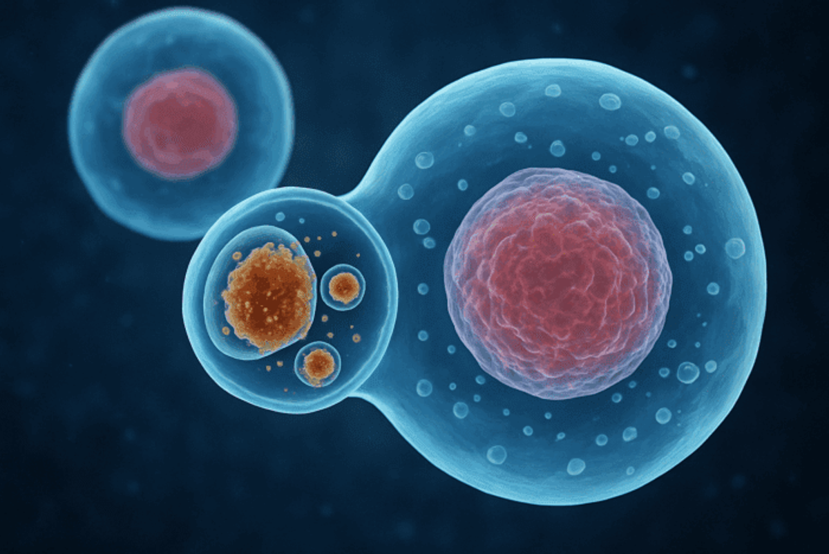 A 3D-rendered cellular illustration showing autophagy, with a transparent blue cell engulfing and breaking down orange-brown cellular waste inside a vesicle, representing the body's natural process of cellular cleanup and repair.