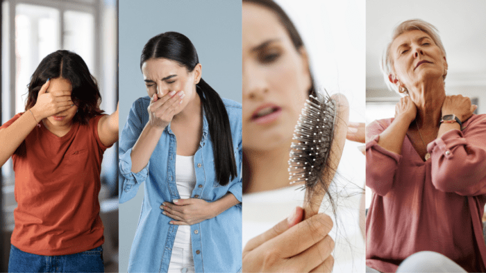 This collage visually represents diverse health symptoms including distress, nausea, hair loss, and muscle pain, highlighting the importance of recognizing these signs early. Each image corresponds to common indicators of physical or emotional health imbalances, urging individuals to seek timely evaluation and care for better well-being.