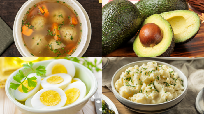 A collage of nutrient-dense, soft foods ideal for breaking a fast. Top left: A bowl of clear bone broth with vegetables and herbs. Top right: Whole and halved ripe avocados on a wooden surface. Bottom left: A bowl of sliced hard-boiled eggs garnished with parsley. Bottom right: A dish of creamy mashed potatoes topped with fresh chives.
