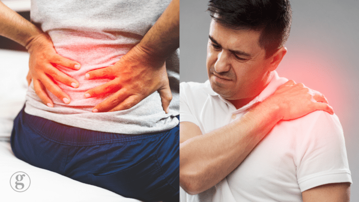 Two side-by-side images of individuals experiencing pain. On the left, a person holds their lower back with both hands, highlighting discomfort in the lumbar region with a red glow. On the right, a man in a white shirt clutches his shoulder, showing visible pain with a red-highlighted area.