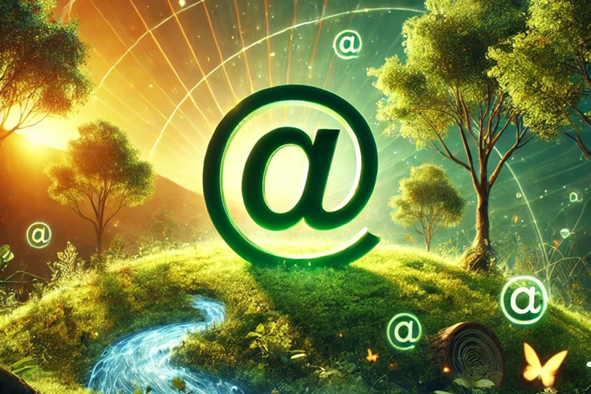 a grassy field with a data river and @ symbols