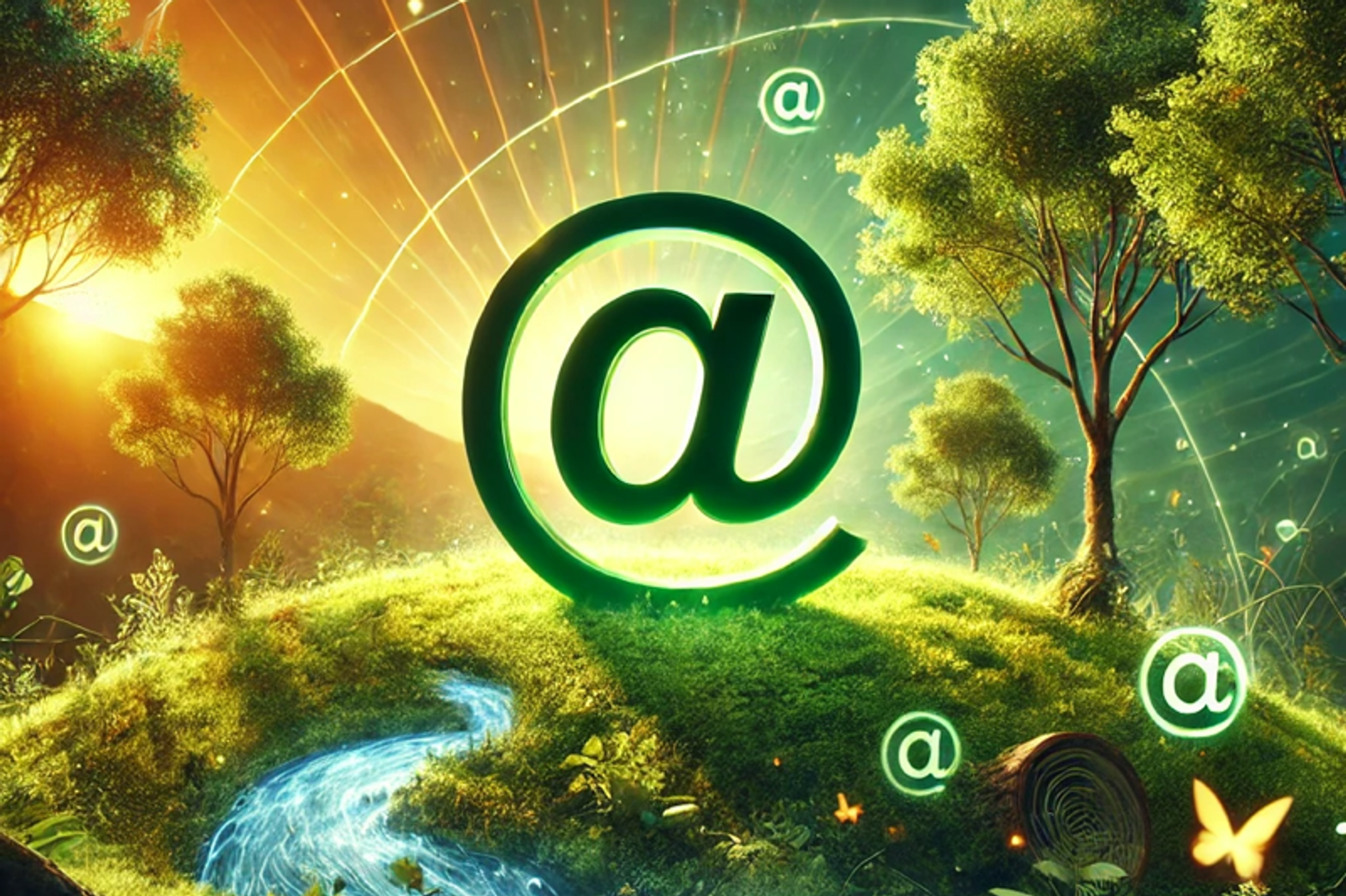 a grassy field with a data river and @ symbols