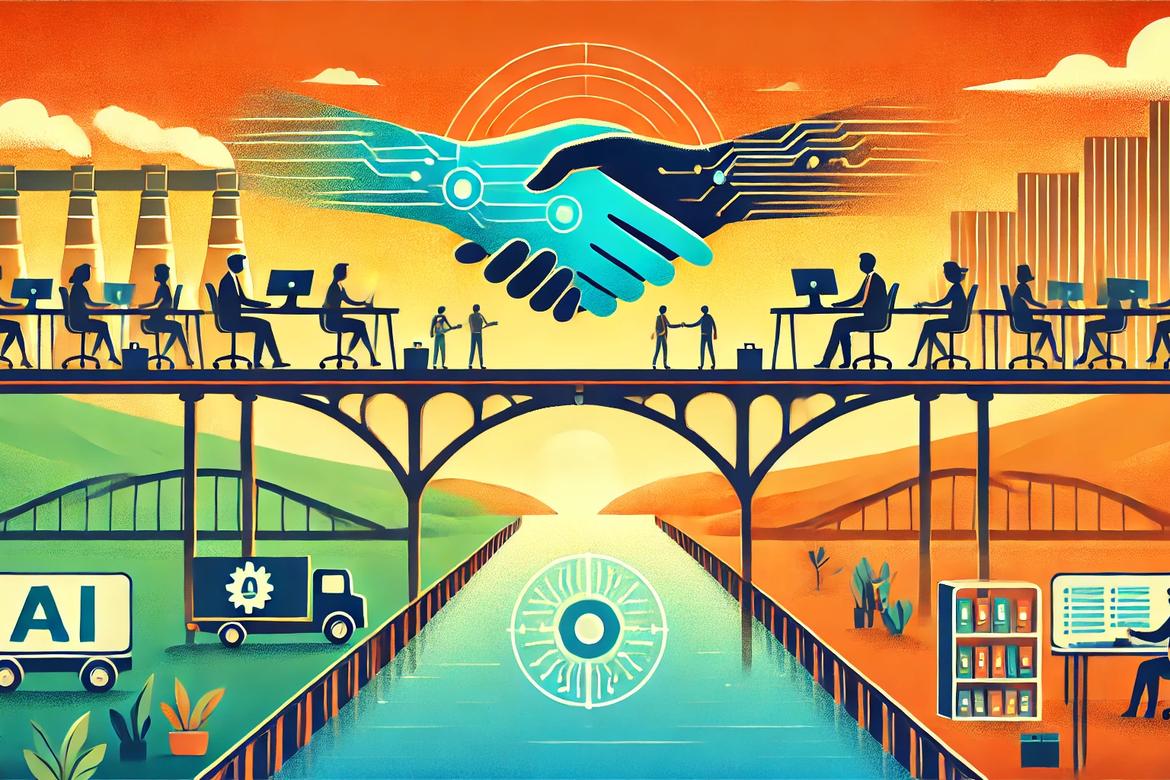 Human and AI robotic hand shaking on a bridge, symbolizing trust and collaboration
