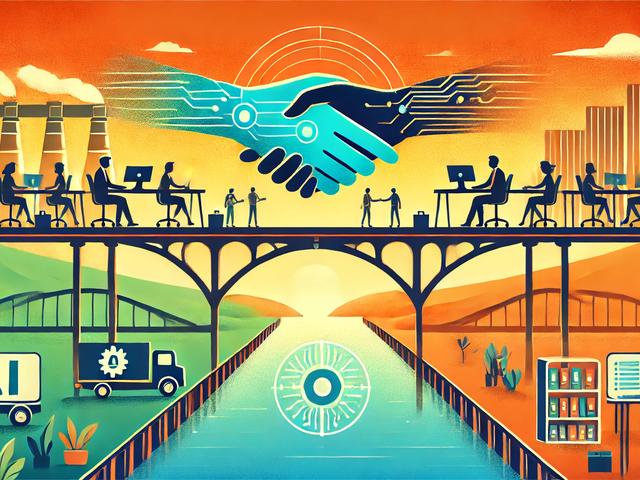 Human and AI robotic hand shaking on a bridge, symbolizing trust and collaboration