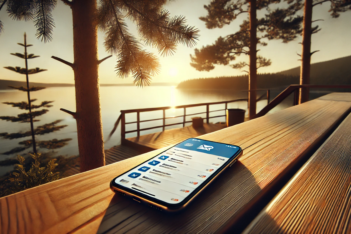 A smartphone displaying a clean email interface rests on a wooden deck overlooking a tranquil lake at sunset, framed by softly focused pine trees, evoking a serene and productive atmosphere.