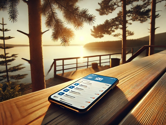 A smartphone displaying a clean email interface rests on a wooden deck overlooking a tranquil lake at sunset, framed by softly focused pine trees, evoking a serene and productive atmosphere.