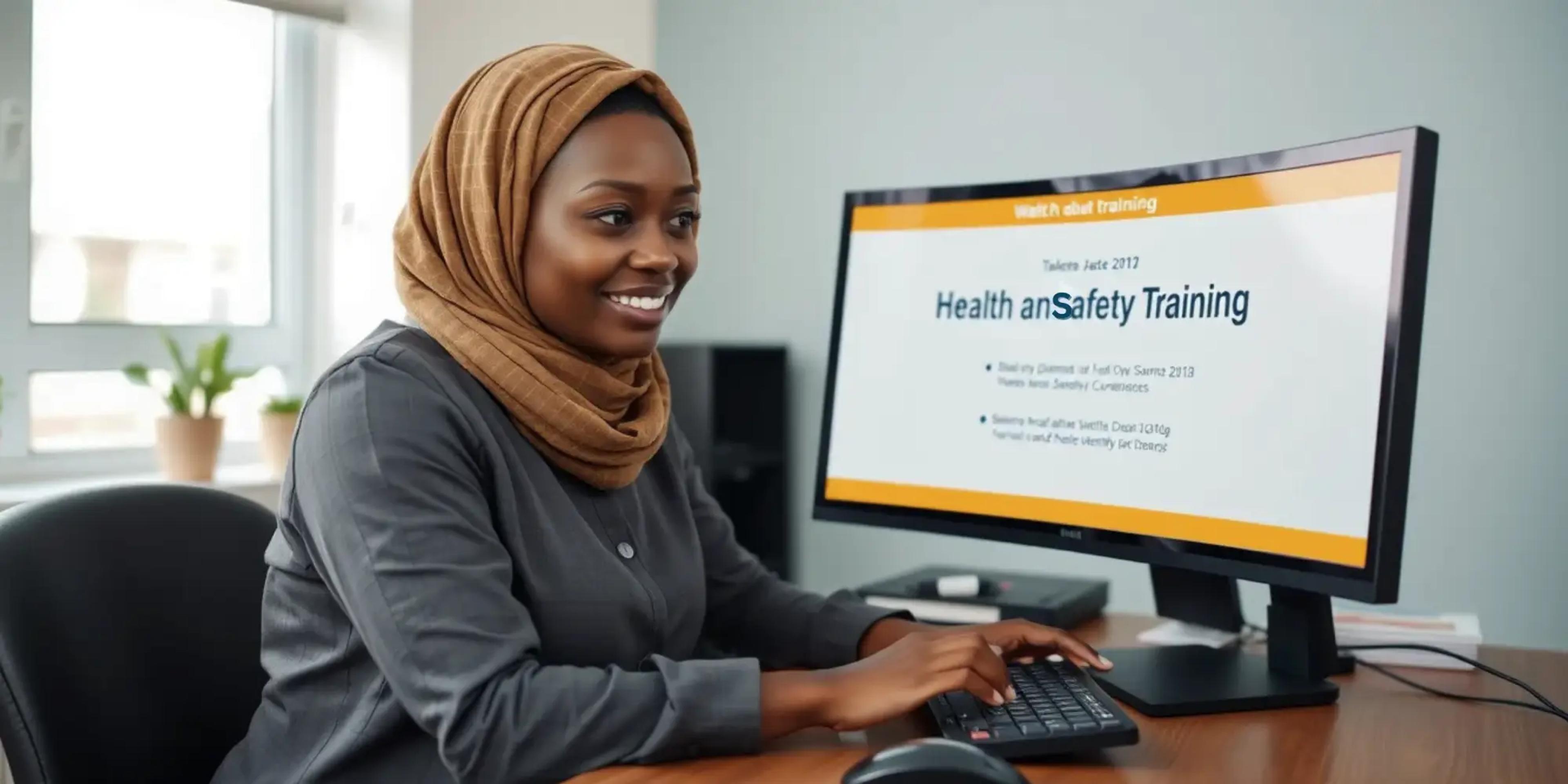 Mitarbeiterin am Schreibtisch folgt einer Online-Schulung; auf dem Monitor die Folie „Health and Safety Training".