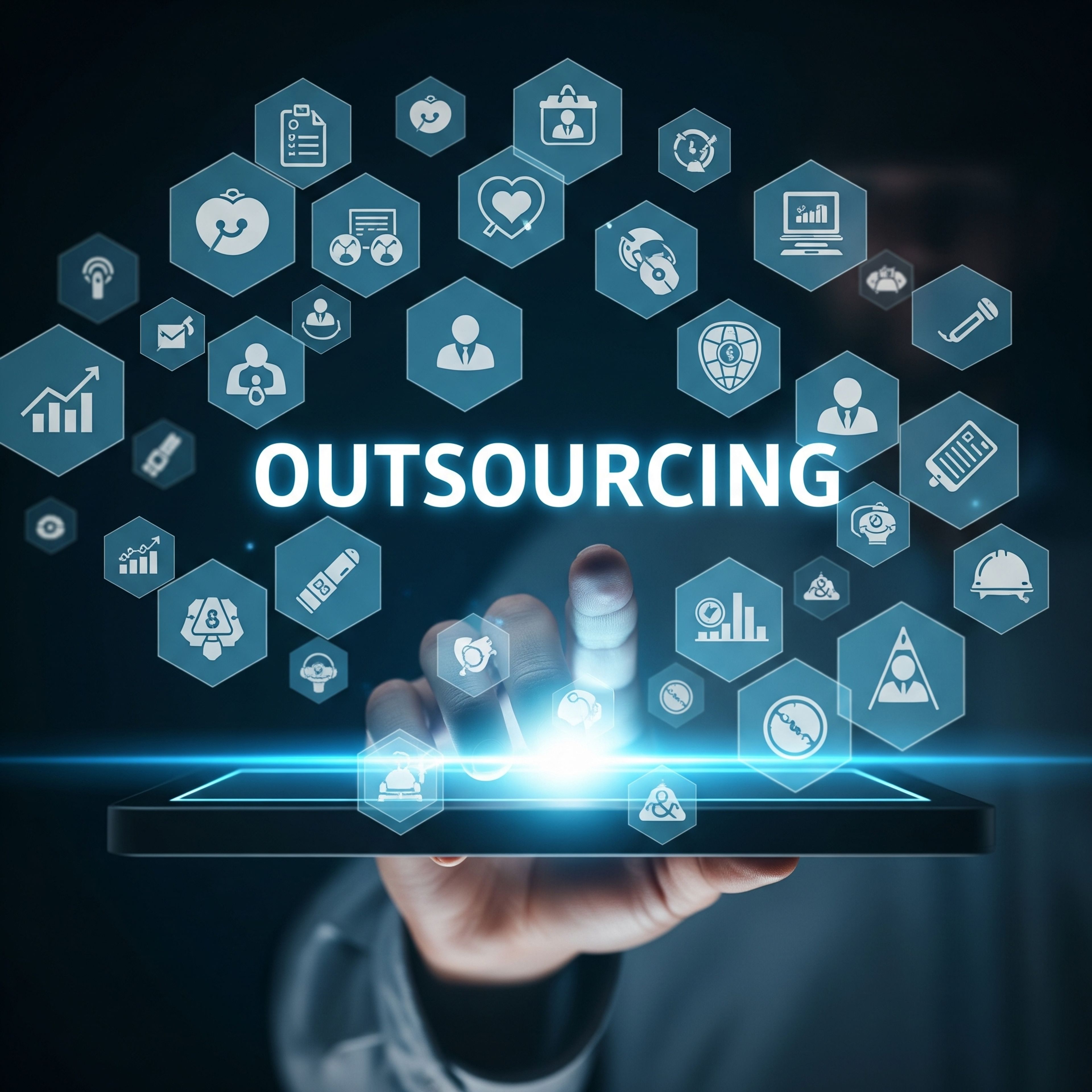 Hand berührt ein Tablet, über dem das Wort „Outsourcing" und zahlreiche Symbolkacheln zu Personal, Auswertung, Gesundheit und Arbeitsschutz schweben.